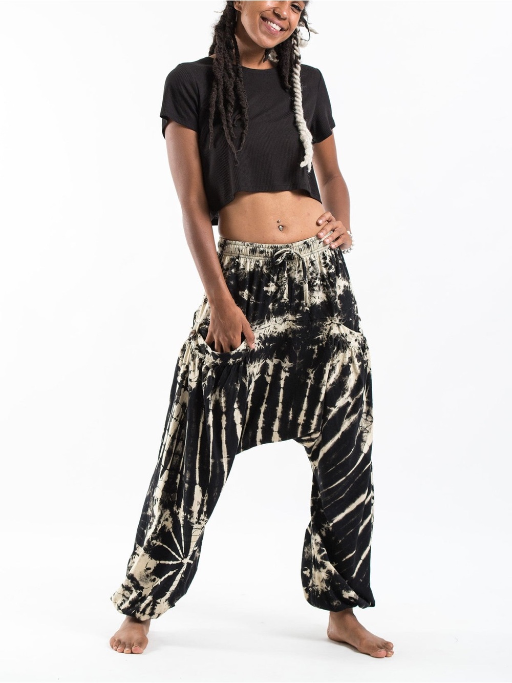 Boho Tie-Dye Harem Pants Black & Off-White One Size (Fits S-M) 669E